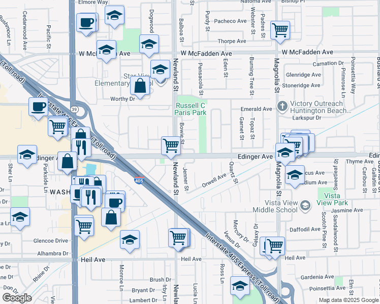map of restaurants, bars, coffee shops, grocery stores, and more near 8582 Cody Avenue in Westminster