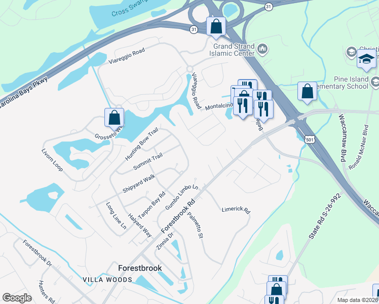 map of restaurants, bars, coffee shops, grocery stores, and more near 4501 Tarpon Bay Road in Myrtle Beach
