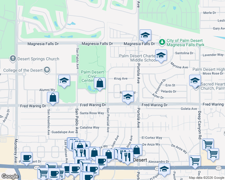 map of restaurants, bars, coffee shops, grocery stores, and more near 43735 Carmel Circle in Palm Desert