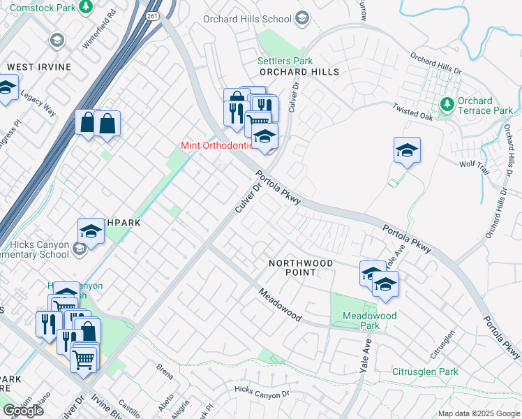 map of restaurants, bars, coffee shops, grocery stores, and more near 191 Woodbury in Irvine