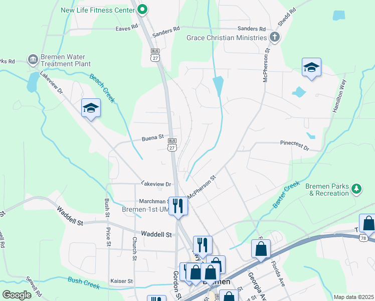map of restaurants, bars, coffee shops, grocery stores, and more near 432 North Georgia Avenue in Bremen
