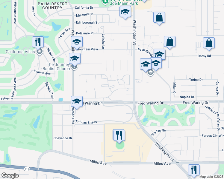 map of restaurants, bars, coffee shops, grocery stores, and more near 43764 Avenue Alicante in Palm Desert