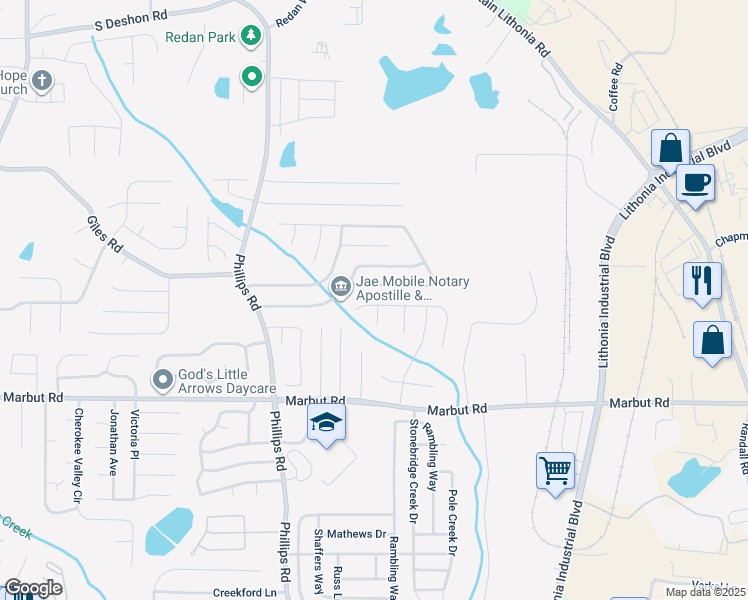 map of restaurants, bars, coffee shops, grocery stores, and more near 6410 Charter Way in Lithonia