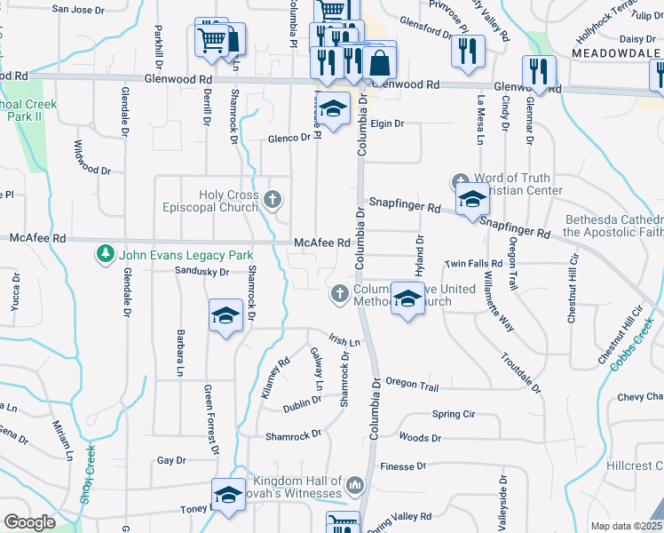 map of restaurants, bars, coffee shops, grocery stores, and more near 2029 Oak Park Lane in Decatur