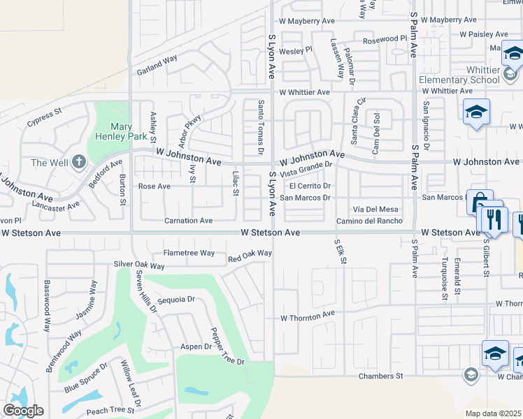 map of restaurants, bars, coffee shops, grocery stores, and more near Santa Elena Way & Santa Monica Drive in Hemet