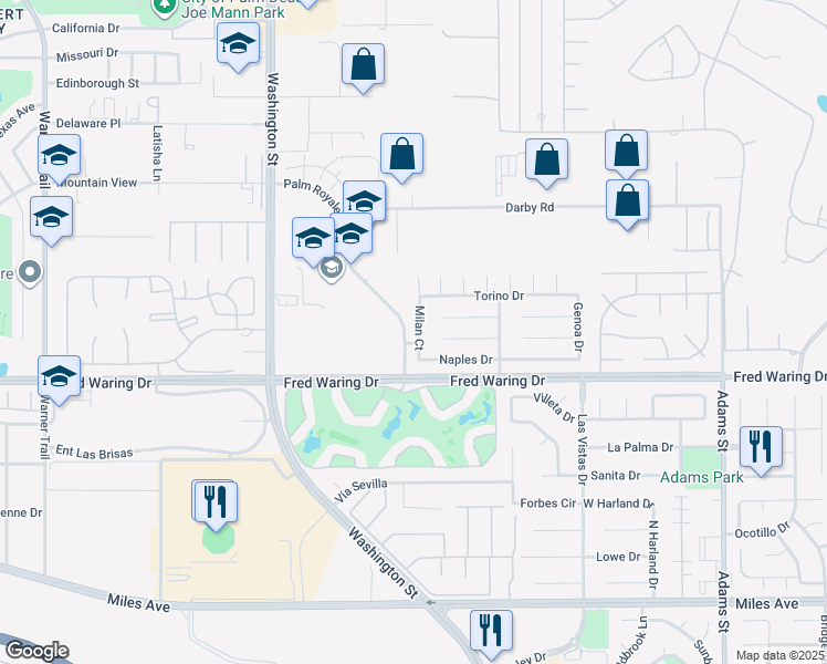 map of restaurants, bars, coffee shops, grocery stores, and more near 43875 Milan Court in La Quinta
