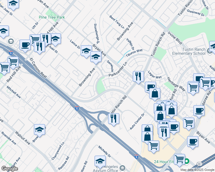map of restaurants, bars, coffee shops, grocery stores, and more near 13602 Evergreen Way in Tustin