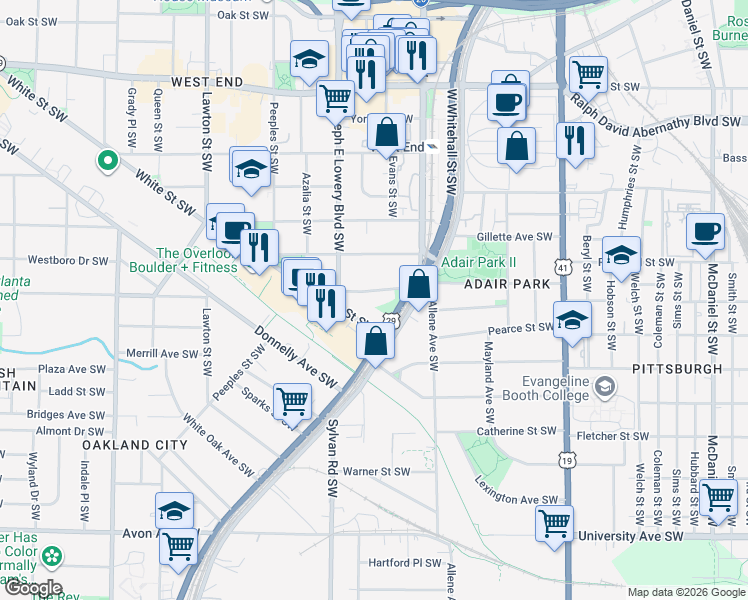 map of restaurants, bars, coffee shops, grocery stores, and more near 844 Rose Circle Southwest in Atlanta