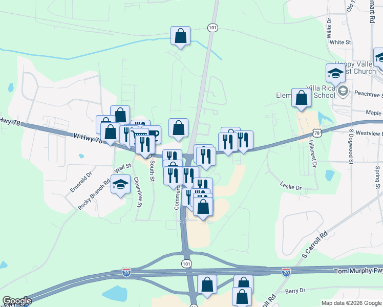 map of restaurants, bars, coffee shops, grocery stores, and more near 214 Industrial Boulevard in Villa Rica