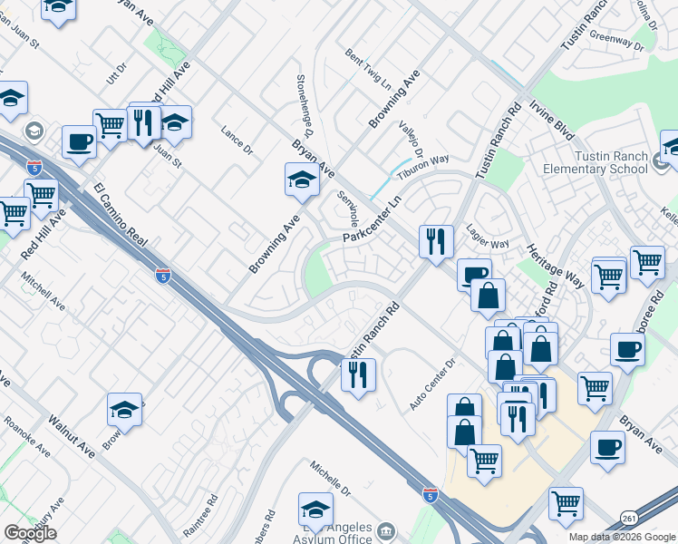 map of restaurants, bars, coffee shops, grocery stores, and more near 2196 Evergreen Drive in Tustin