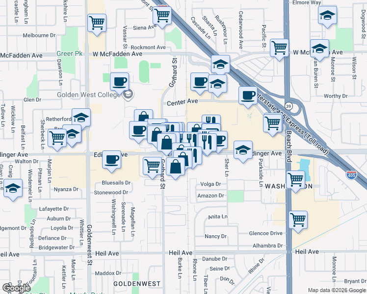 map of restaurants, bars, coffee shops, grocery stores, and more near 7451 Edinger Avenue in Huntington Beach