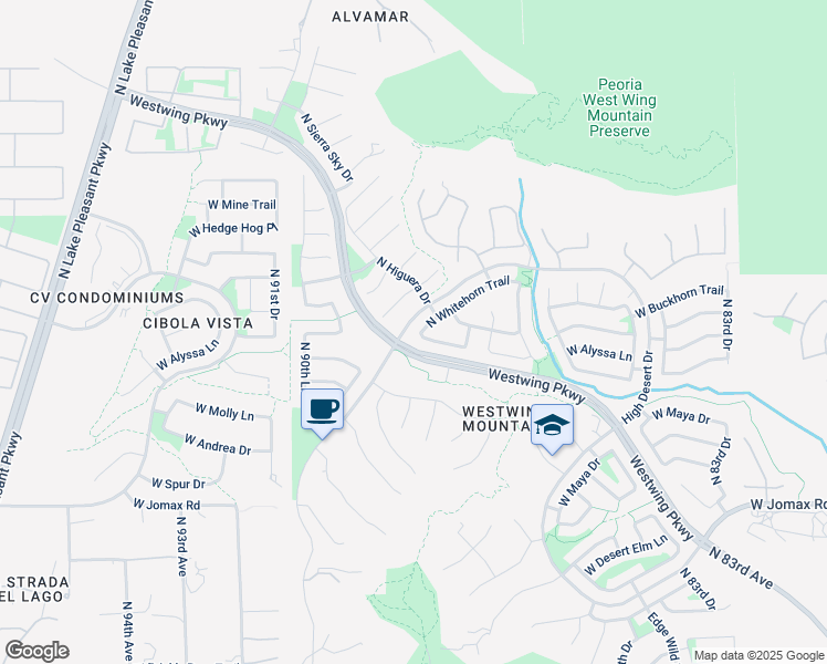 map of restaurants, bars, coffee shops, grocery stores, and more near 27102 Whitehorn Trail in Peoria