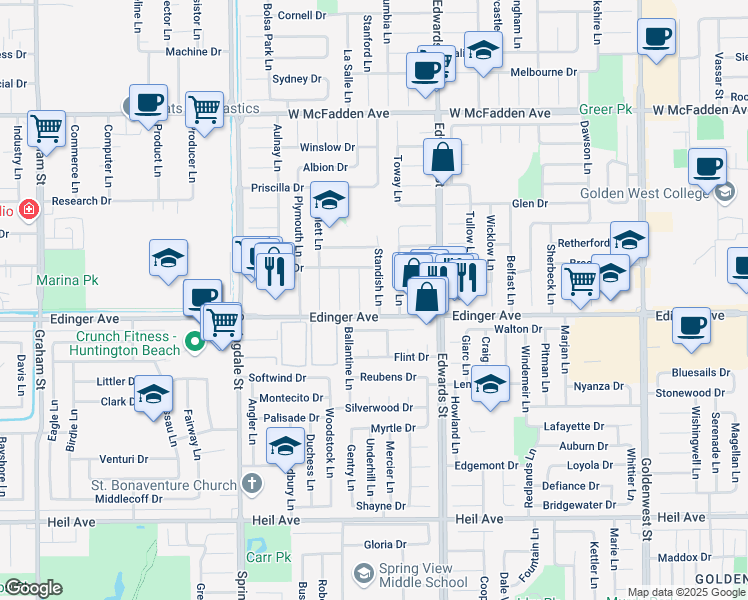 map of restaurants, bars, coffee shops, grocery stores, and more near 15941 Standish Lane in Huntington Beach