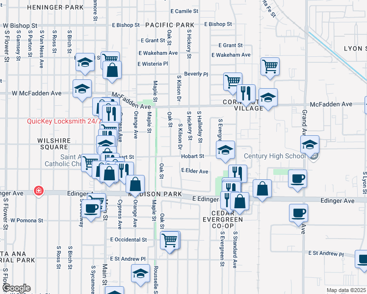 map of restaurants, bars, coffee shops, grocery stores, and more near 1301 South Kilson Drive in Santa Ana