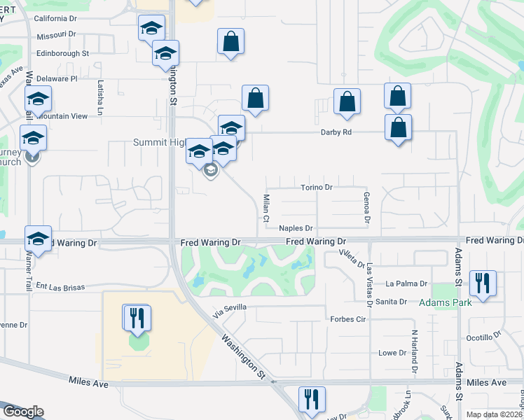 map of restaurants, bars, coffee shops, grocery stores, and more near 43875 Milan Court in La Quinta