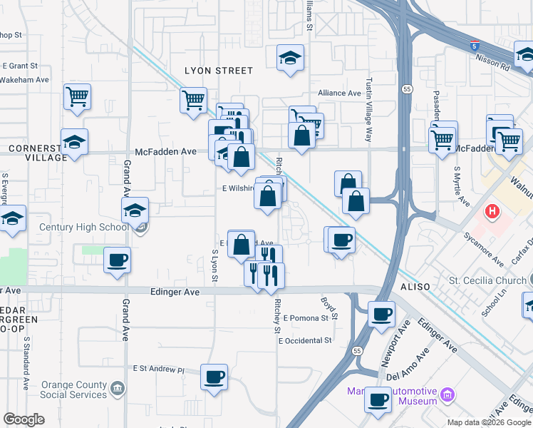 map of restaurants, bars, coffee shops, grocery stores, and more near 1404 Ritchey Street in Santa Ana