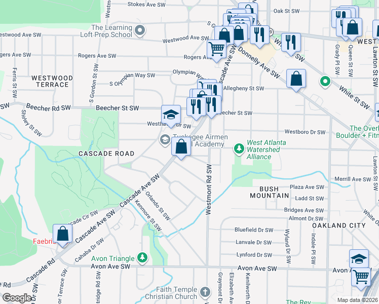 map of restaurants, bars, coffee shops, grocery stores, and more near 1569 Montreat Place Southwest in Atlanta