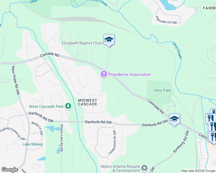 map of restaurants, bars, coffee shops, grocery stores, and more near 4242 Cascade Road in Atlanta