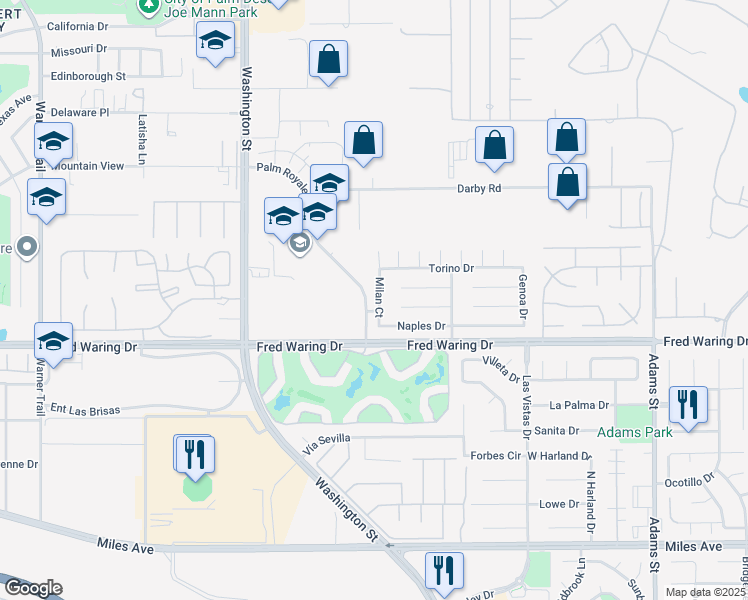map of restaurants, bars, coffee shops, grocery stores, and more near 43875 Milan Court in La Quinta