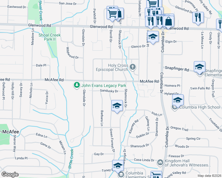 map of restaurants, bars, coffee shops, grocery stores, and more near 3188 Sandusky Drive in Decatur
