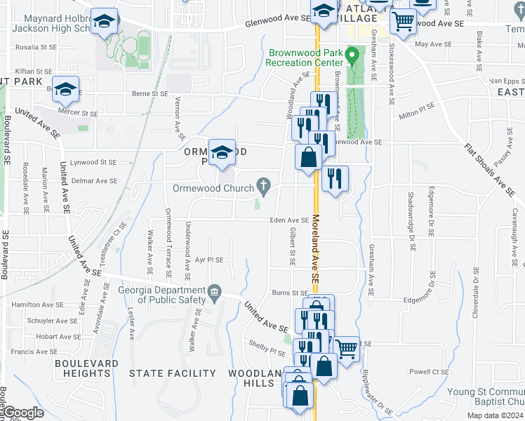 map of restaurants, bars, coffee shops, grocery stores, and more near 1070 Eden Avenue Southeast in Atlanta