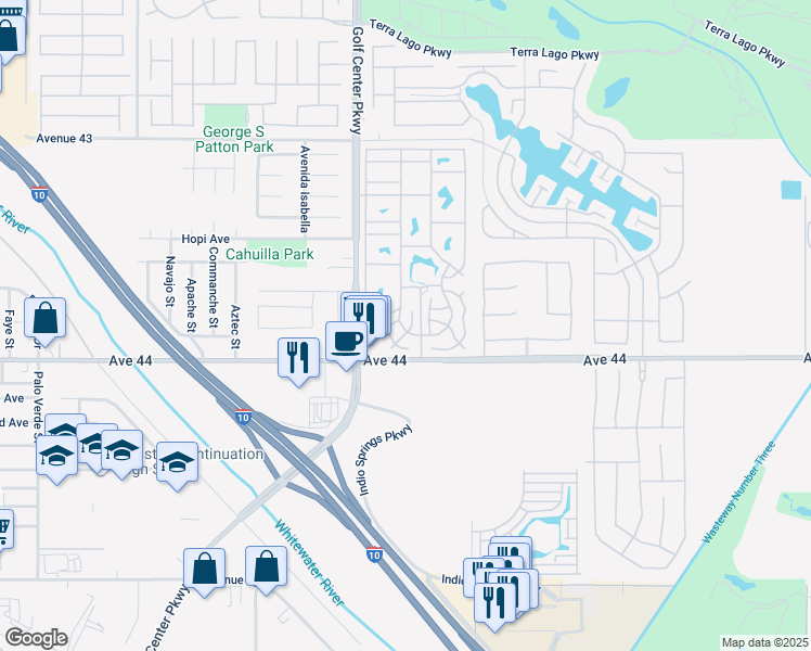 map of restaurants, bars, coffee shops, grocery stores, and more near 84136 Avenue 44 in Indio