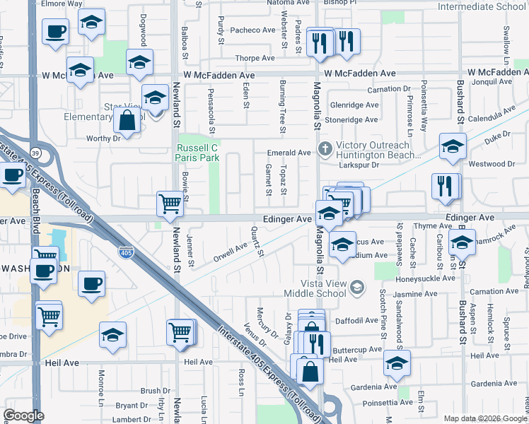 map of restaurants, bars, coffee shops, grocery stores, and more near 8812 Sapphire Avenue in Westminster