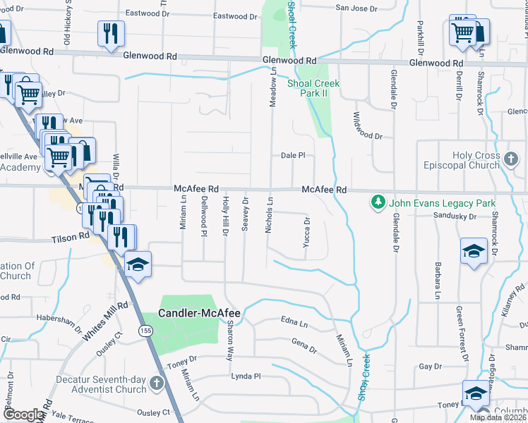 map of restaurants, bars, coffee shops, grocery stores, and more near 2045 Nichols Lane in Decatur