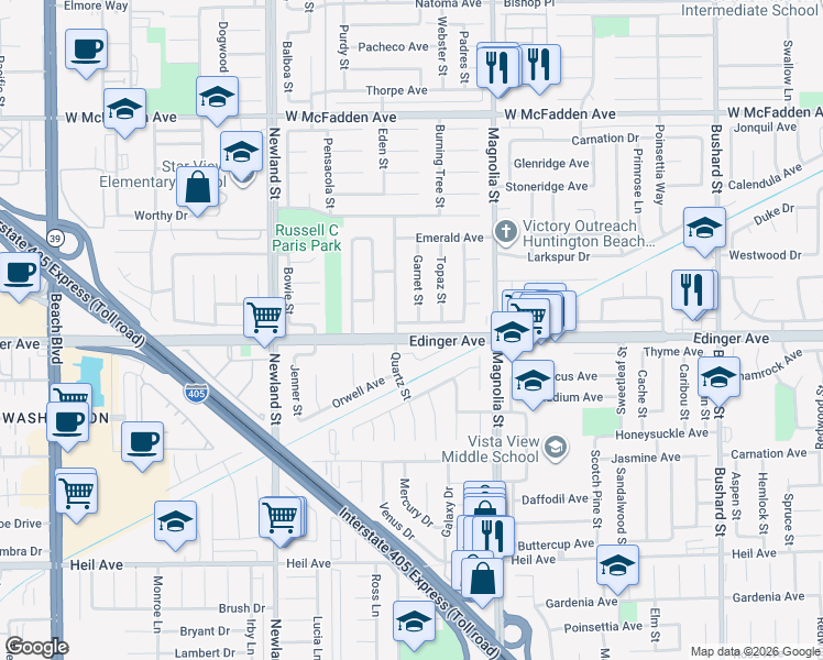 map of restaurants, bars, coffee shops, grocery stores, and more near 8812 Sapphire Avenue in Westminster