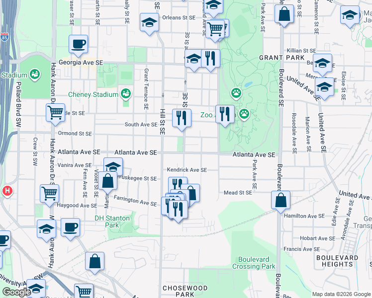 map of restaurants, bars, coffee shops, grocery stores, and more near 342 Atlanta Avenue Southeast in Atlanta