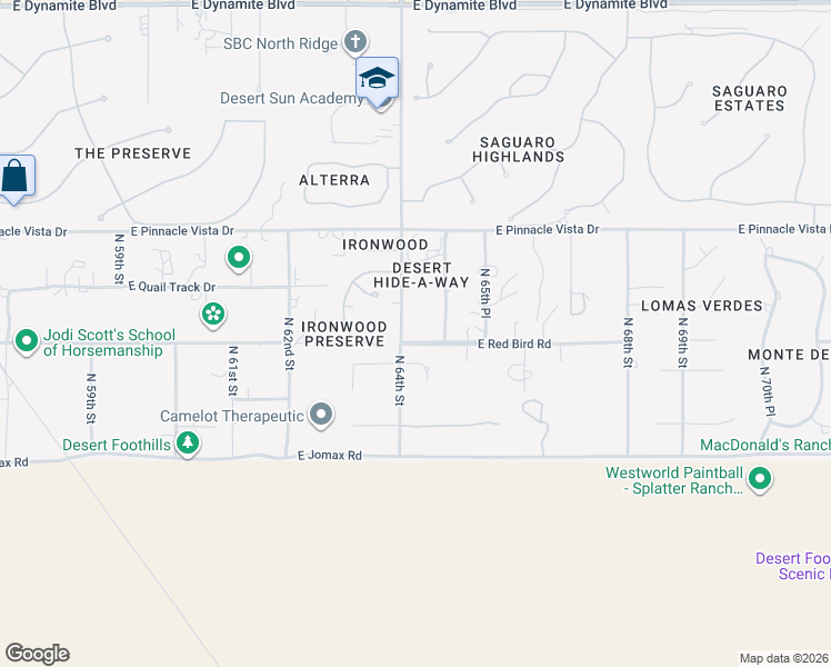 map of restaurants, bars, coffee shops, grocery stores, and more near 27003 North 64th Street in Scottsdale