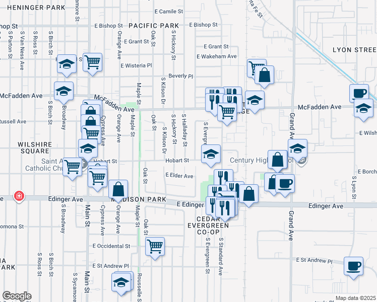 map of restaurants, bars, coffee shops, grocery stores, and more near 1301 South Halladay Street in Santa Ana