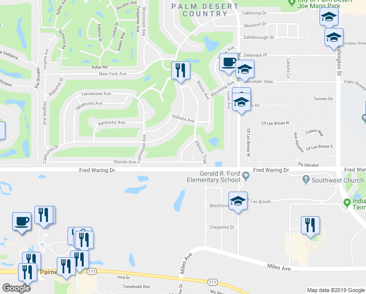 map of restaurants, bars, coffee shops, grocery stores, and more near 43705 Louisiana Street in Palm Desert