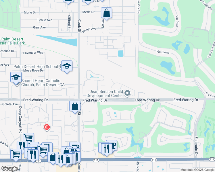 map of restaurants, bars, coffee shops, grocery stores, and more near 75475 Santa Fe Trail in Palm Desert