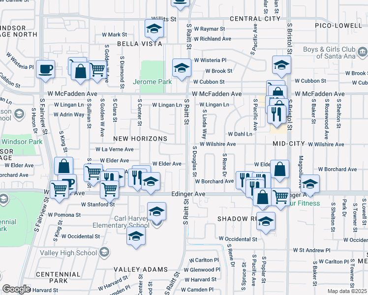 map of restaurants, bars, coffee shops, grocery stores, and more near 1912 West Wilshire Avenue in Santa Ana