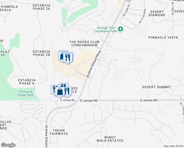 map of restaurants, bars, coffee shops, grocery stores, and more near 27000 North Alma School Parkway in Scottsdale