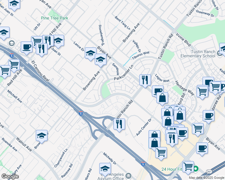 map of restaurants, bars, coffee shops, grocery stores, and more near 13602 Evergreen Way in Tustin