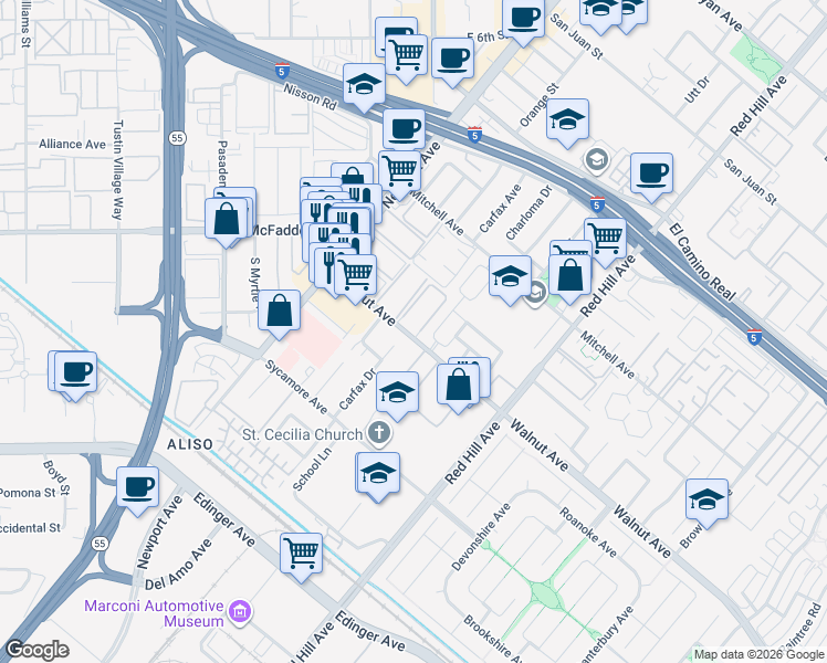 map of restaurants, bars, coffee shops, grocery stores, and more near 14511 Carfax Drive in Tustin