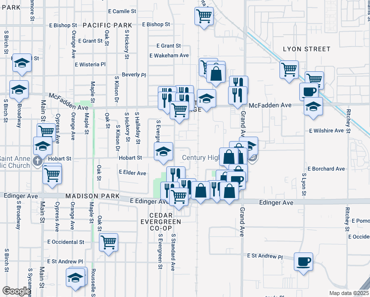 map of restaurants, bars, coffee shops, grocery stores, and more near 1403 South Minnie Street in Santa Ana