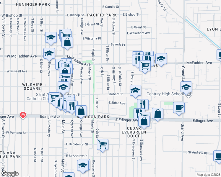 map of restaurants, bars, coffee shops, grocery stores, and more near 1301 South Kilson Drive in Santa Ana