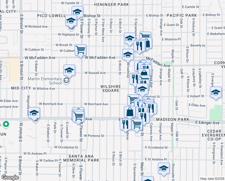 map of restaurants, bars, coffee shops, grocery stores, and more near 1306 South Birch Street in Santa Ana