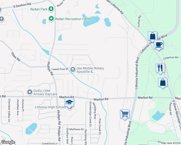 map of restaurants, bars, coffee shops, grocery stores, and more near 6448 Charter Way in Lithonia