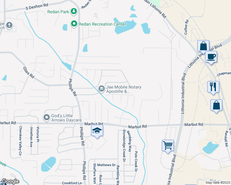 map of restaurants, bars, coffee shops, grocery stores, and more near 6410 Charter Way in Lithonia