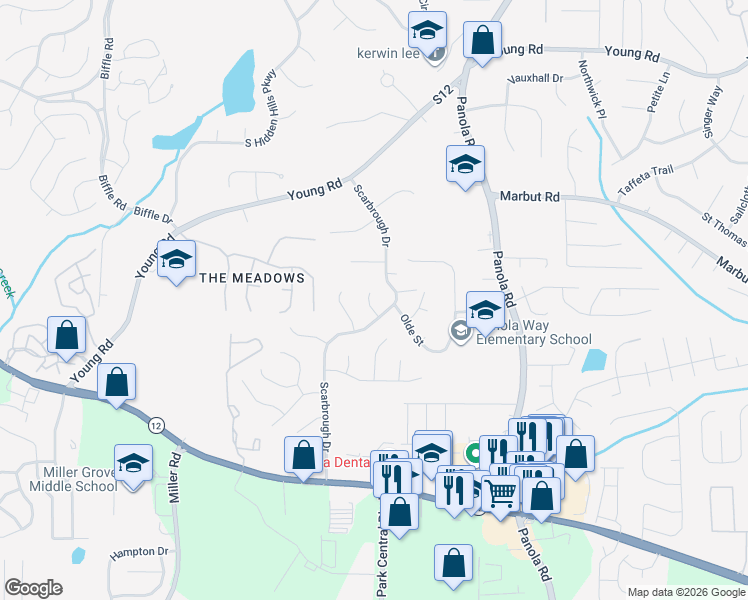 map of restaurants, bars, coffee shops, grocery stores, and more near 2039 Scarbrough Drive in Stone Mountain
