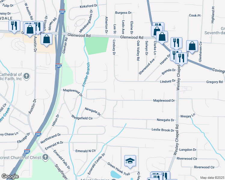map of restaurants, bars, coffee shops, grocery stores, and more near 2017 Lindsey Lane in Decatur