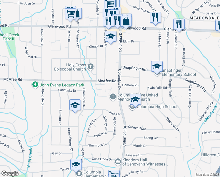 map of restaurants, bars, coffee shops, grocery stores, and more near 2029 Oak Park Lane in Decatur