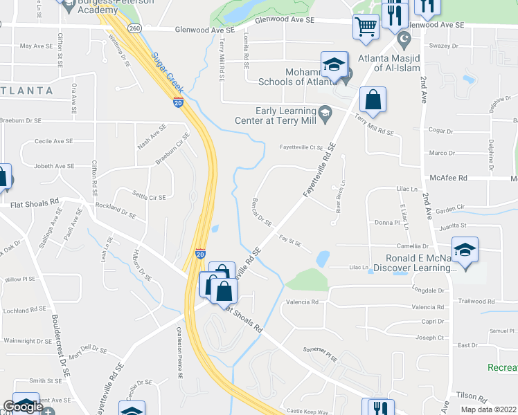 map of restaurants, bars, coffee shops, grocery stores, and more near 2080 Bencal Drive Southeast in Atlanta