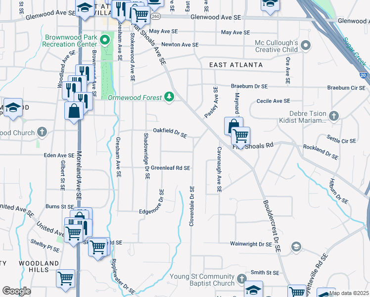 map of restaurants, bars, coffee shops, grocery stores, and more near 1222 Crestwood Drive Southeast in Atlanta