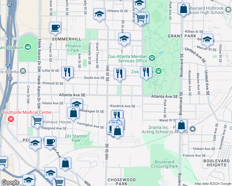 map of restaurants, bars, coffee shops, grocery stores, and more near in Atlanta