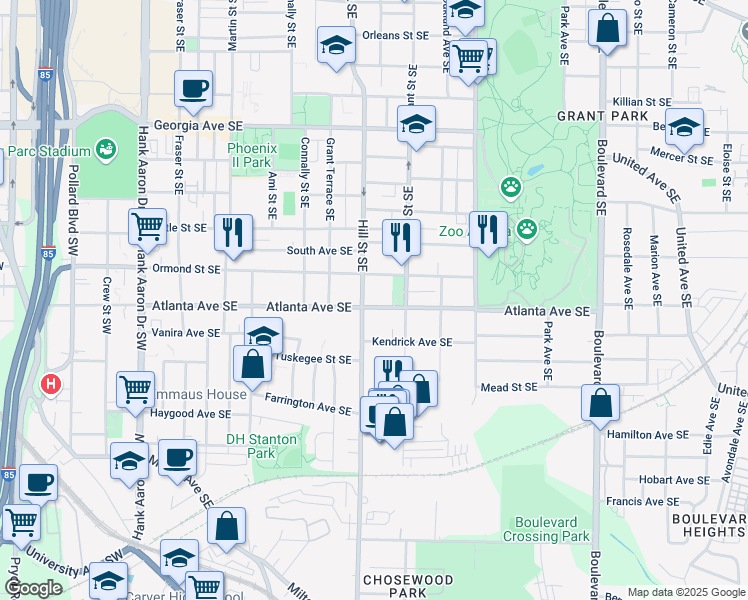 map of restaurants, bars, coffee shops, grocery stores, and more near 302 Atlanta Avenue Southeast in Atlanta